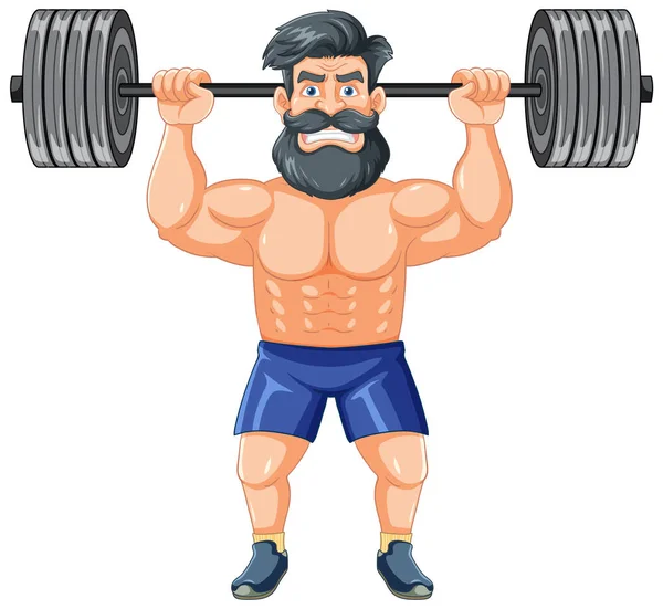 一个留着胡子和胡子的男人的卡通画 他举重并炫耀他的肌肉体形 — 图库矢量图片