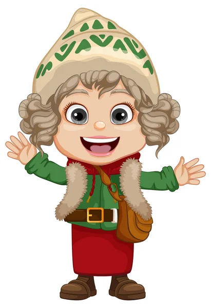 一个快乐的女孩穿着冬季服装参加圣诞卡通人物的演出 — 图库矢量图片