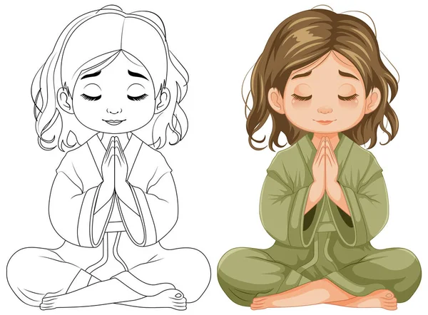 Young Girl Sits Meditative Pose Her Hands Clasped Prayer — Stock Vector