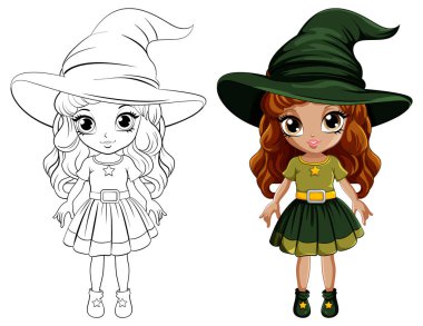 Çizgi film cadısı, büyük bir şapka takıyor. Karalama boyama çizimi yapıyor.