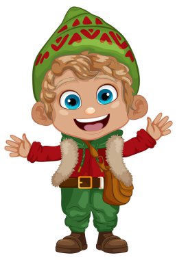 Noel temalı bir çizgi film karakteri için kışlık kıyafetler giyen neşeli bir çocuk.