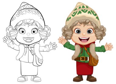 Çizgi film çizimlerinde şenlikli kış kıyafetleri giyen mutlu bir kız.