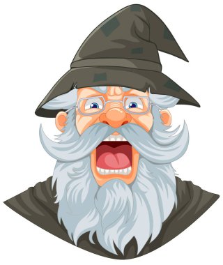 Büyücü şapkası takan, sakallı ve bıyıklı huysuz yaşlı bir adam.