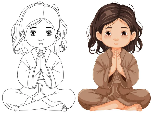 Cartoon Illustration Girl Sitting Praying Meditation — Stock Vector