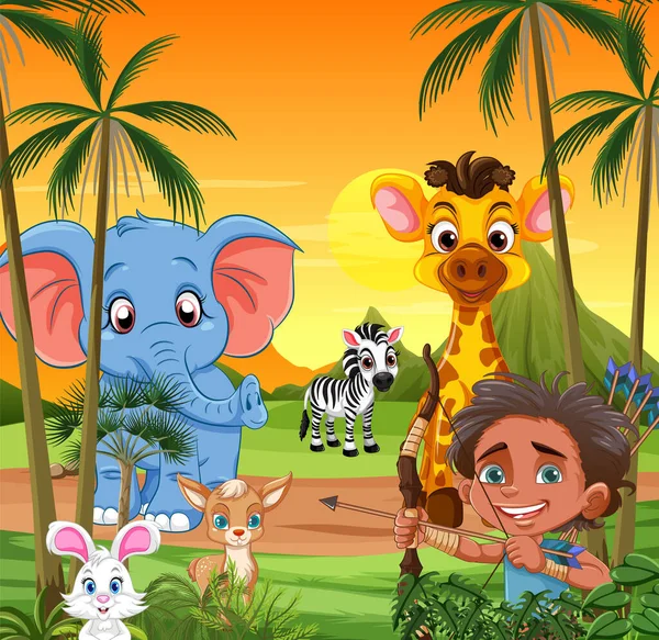 Vahşi hayvanlarla ormanda avlanan yerli insanların vektör çizimi.