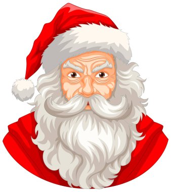 Noel Baba kıyafeti giyen, sakallı ve bıyıklı kızgın yaşlı bir adam.