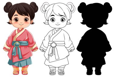 Geleneksel elbise giymiş Asyalı bir kızın vektör çizimi