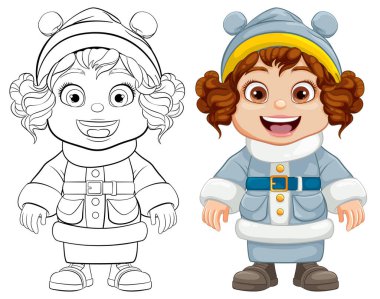 Noel Baba 'nın kışlık ceketi ve beresi olan mutlu bir kız.