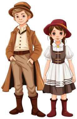 Klasik kıyafetler giyen bir kadın ve erkeğin çizgi film çizimi.