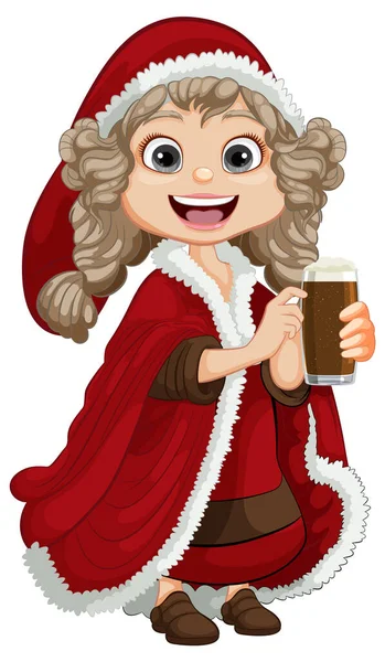 Žena Středního Věku Zimním Plášti Santa Clause Držící Pivo — Stockový vektor