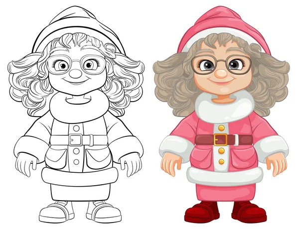 Çizgi filmde pembe Noel Baba gözlüğü takan neşeli bir kadın.
