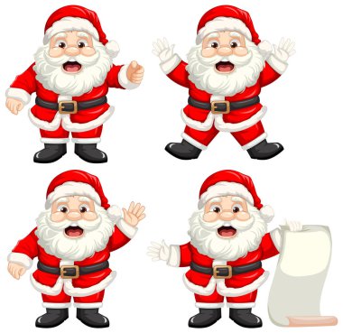 A vector cartoon illustration featuring four Santa Claus characters in different poses clipart