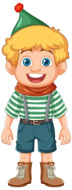 Parti şapkalı mutlu çocuk, karikatür tarzında izole edilmiş.