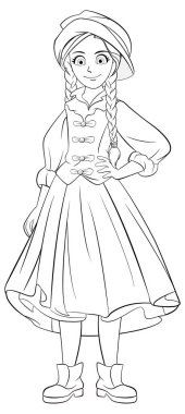 Klasik kıyafetli şık bir kadın vektör çizgi filminde şapka takıyor.