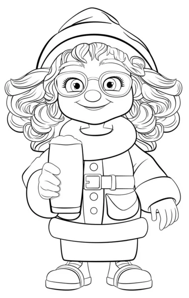 一个快乐的女人 身穿冬装 戴着眼镜 手里拿着一品脱啤酒 — 图库矢量图片