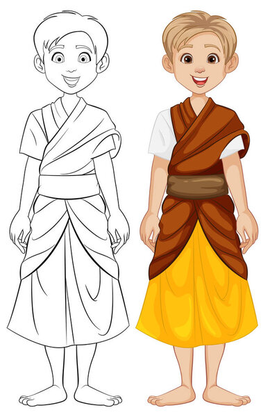 Illustration of a Caucasian man wearing traditional Southeast Asian attire