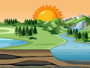 Doğal elementlerin olduğu manzaralı bir kırsal alanın tasviri