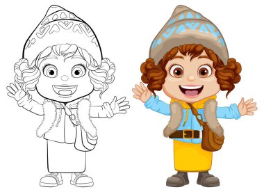 Çizgi film karakteri tarzında kışlık kutlama kıyafetleri giyen mutlu bir kız.