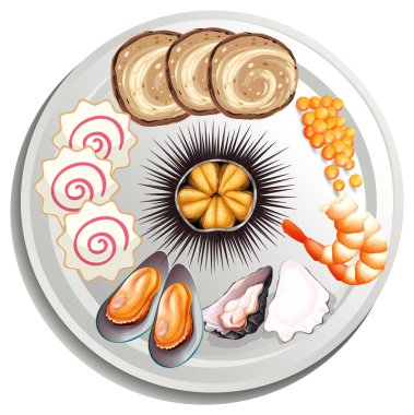 Çin usulü domuz eti, karides, istiridye, midye, deniz kestanesi, balık köftesi, somon ve yumurta ile lezzetli Japon deniz ürünleri tabağı.