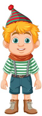 Parti şapkası takan ve gülümseyen neşeli bir çizgi film çocuğu.