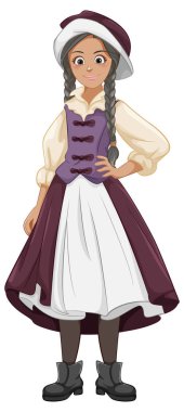 Saçları örgülü, klasik kıyafetler giyen beyaz bir kadının resmi.