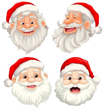 Neşeli ifadeli bir grup Noel Baba karakteri.