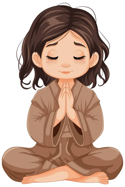 Genç Bir Kız Dua Eden Bir Meditasyonda Oturur Elleri Önünde — Stok Vektör