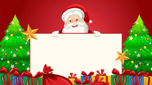 ハッピーサンタクロースは赤いクリスマスのテーマに囲まれた空のバナーを保持し クリスマスプレゼントがいっぱいです — ストックベクタ
