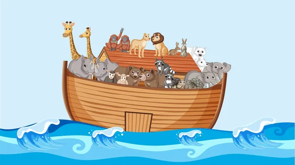 Wooden Boat Filled Animals Floats Ocean Waves — Stock Vector