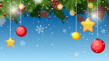 Ağaçlarda asılı duran yıldızların ve Noel süslerinin olduğu bir fon.