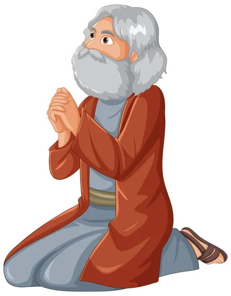 Anziano Personaggio Dei Cartoni Animati Seduto Ginocchio Immerso Nella Preghiera — Vettoriale Stock