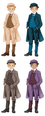 Gatsby marka kumaş takım elbiseli ve farklı renkte şapkalı dört adam.