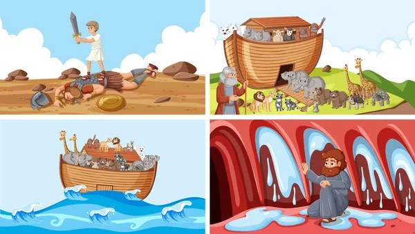 Illustrated Scenes Depicting Biblical Stories Noah Ark David Goliath — Stock Vector