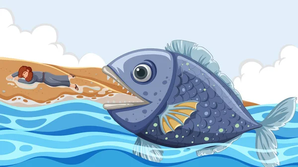 Jonas Biblische Geschichte Wie Von Einem Fisch Verschluckt Wird — Stockvektor
