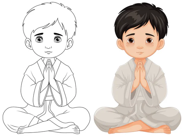 Genç Bir Çocuğun Meditasyonda Oturup Dua Edişinin Karikatür Çizimi — Stok Vektör