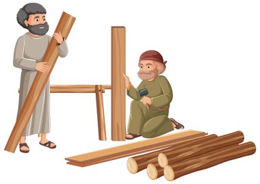 Ahşap kütük taşıyan yaşlı bir adamın tasviri, inşaata hazırlanıyor.