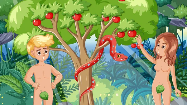Illustration Adam Eve Picking Apple Garden Eden — Stock Vector