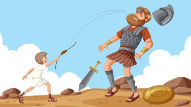 David's victory over Goliath using a stone from his sling clipart