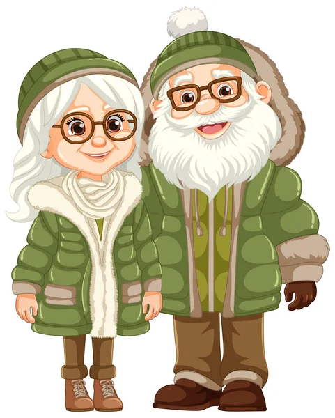 Illustration Old Couple Wearing Glasses Beanie Hat Parka Fur Jacket — Stock Vector