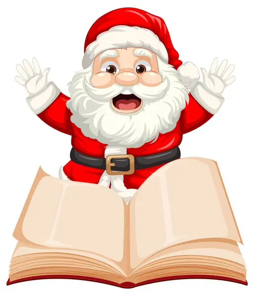 Gioioso Babbo Natale Accanto Libro Aperto — Vettoriale Stock