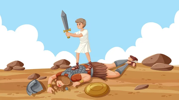 Heroica Victoria David Sobre Goliat Gigante Bíblico — Vector de stock