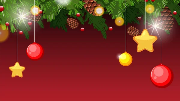 Vibrerande Röd Bakgrund Med Julprydnader Och Stjärnor Hängande Träd — Stock vektor