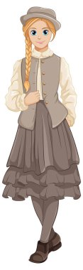 Güzel bir kadın vektör karikatür çizim tarzında klasik bir kıyafet giyiyor.
