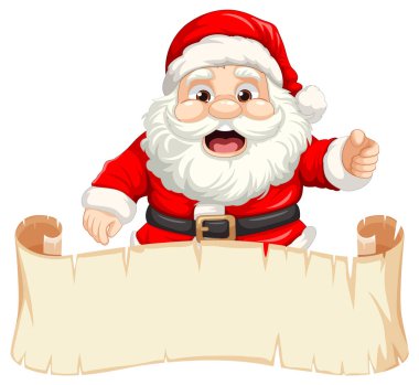 Boş bir rulo kağıt tutan neşeli bir Noel Baba, afiş için mükemmel.