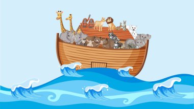 Hayvanlarla dolu ahşap bir tekne okyanus dalgalarında yüzer.