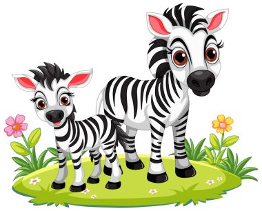 A cartoon vector illustration of a family of zebras standing on a green glass surface clipart