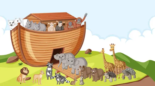Illustration Depicting Biblical Story Noah Ark Numerous Animals Wooden Boat — Stock Vector