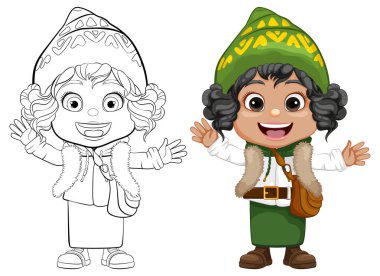 Çizgi film çizimlerinde şenlikli kış kıyafetleri giyen mutlu bir kız.