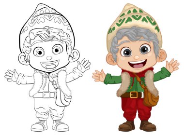 Çizgi film tarzında kış kutlaması kıyafetleri giyen mutlu bir çocuk.