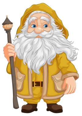 Sarı kapüşonlu yaşlı bir büyücünün çizilmiş bir karikatürü.